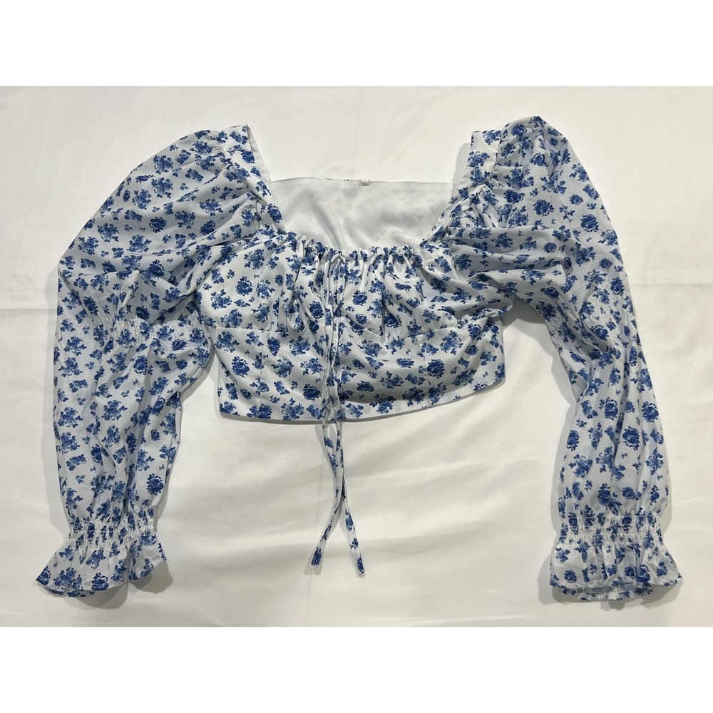 Shein Crop Top Womens Medium White Floral Cottagecore Puff Sleeve Prairie